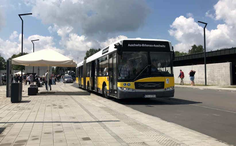 Shuttle bus stop near Auschwitz I main parking lot.
