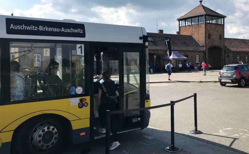 Shuttle bus stop near Auschwitz II-Birkenau main gate.