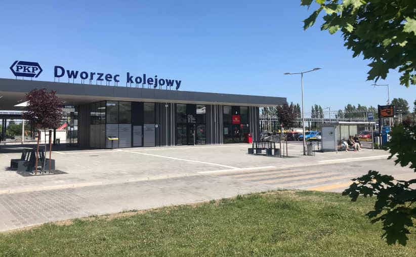 Train station and the bus stop in front of it in Oswiecim