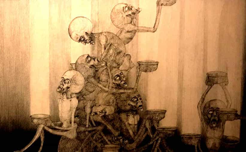 A piece of art with hungry people holding bowls by Marian Kołodziej, an Auschwitz survivor, at the permanent exhibition in Harmęże.