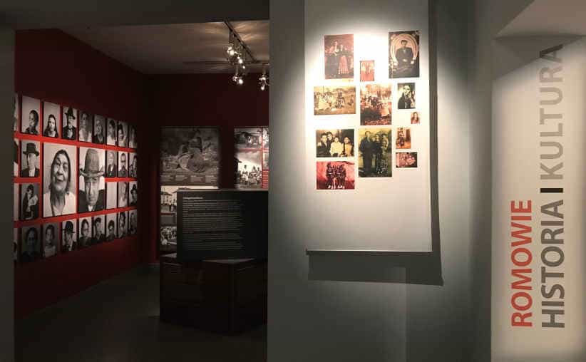 Walls with info boards and photos in the Roma Museum in Oświęcim