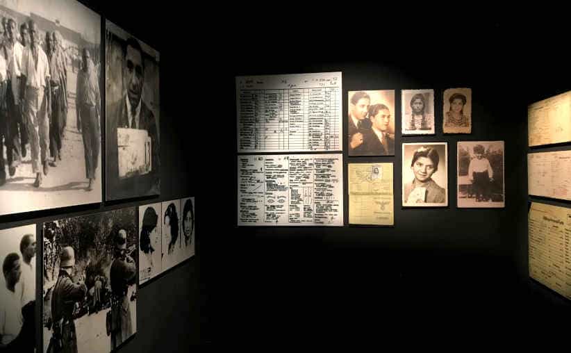 Walls with Auschwitz related pictures in the Roma Museum in Oświęcim