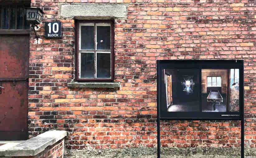 Block 10 entrance with photos from the inside. In here doctor Clauberg conducted sterilization experiments.