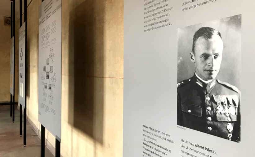 Info boards on the camp resistance, the photo of Witold Pilecki and text from his famous report, in Block 11 at Auschwitz I Main Camp.