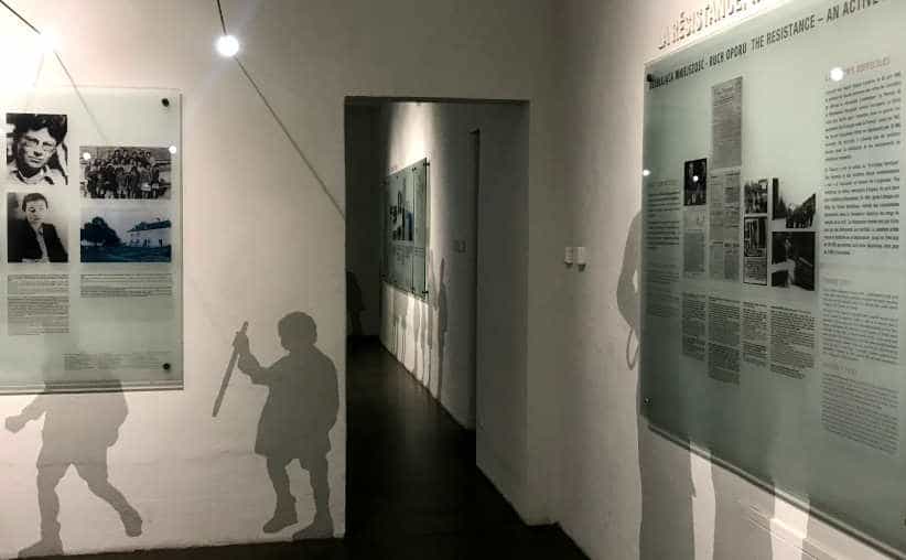 Glass boards with resistance stories connected to Auschwitz in Block 20: French national exhibition.