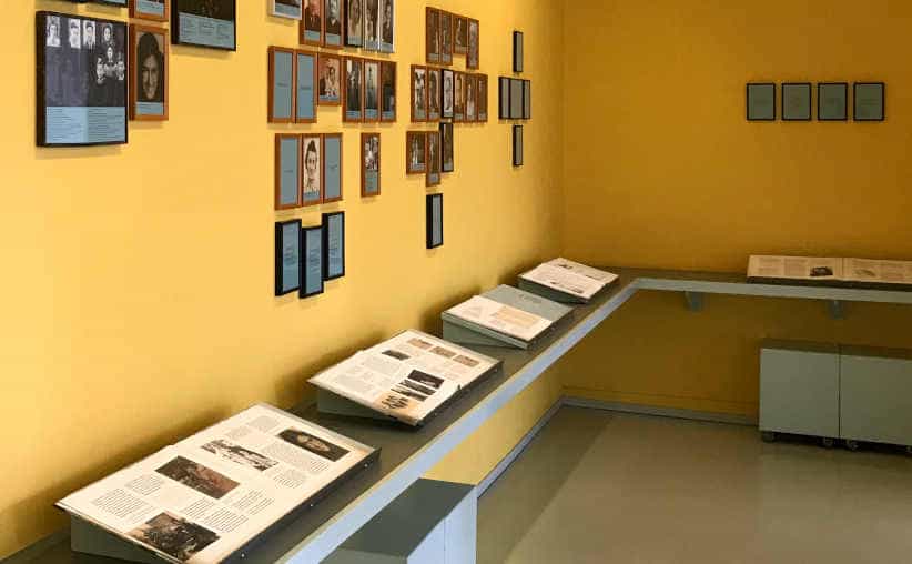 Glass walls with names of the Jewish victims from Netherlands in Block 21: Dutch national exhibition.