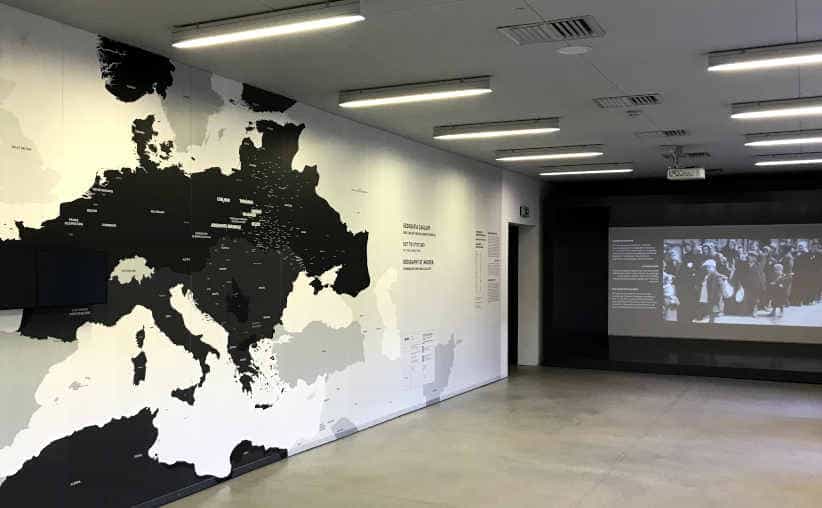 A large map of Europe with marked places where mass murders of Jews were carried out, the Shoah exhibition in Block 27 at the Auschwitz I main camp.
