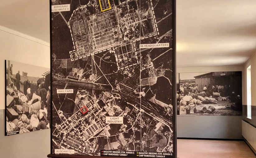 Aerial photograph of the Auschwitz-Birkenau complex, taken by the U.S. Air Force in 1944, with the 'Canada' warehouses marked and photos of prisoners sorting luggage in the camp.