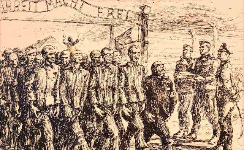 "Kommando on the Way to Work," a drawing by Mieczysław Kościelniak, shows prisoners marching through the main Auschwitz gate.