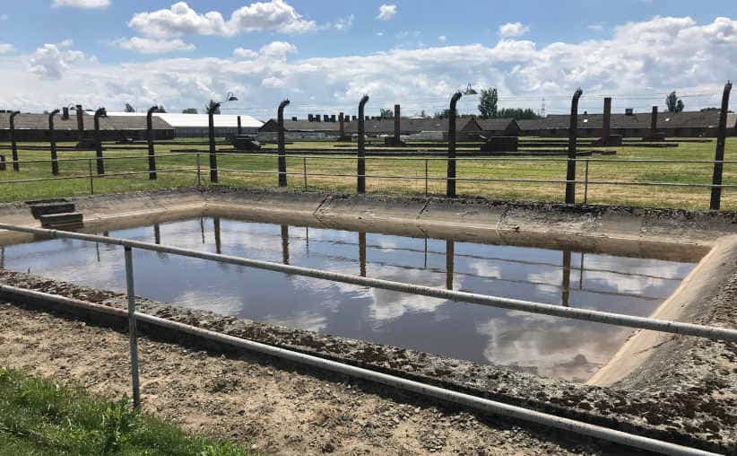 A fire reservoir on the way from the main gate to the monument at Auschwitz-II-Birkenau.