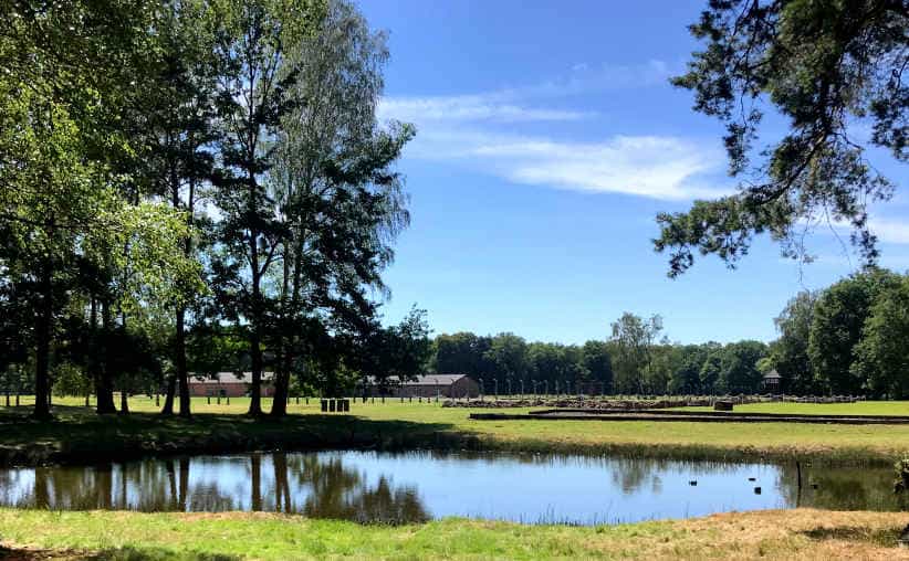 Pond where human ashes were disposed surrounded with woods, Sauna and Crematorium and Gas Chamber IV ruins, Auschwitz-II-Birkenau.