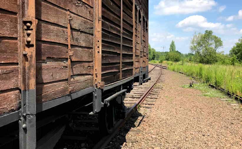 Rail car and tracks at the so called Alte Judenrampe near Auschwitz-II-Birkenau.