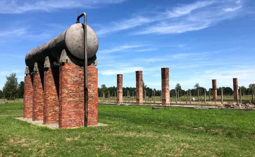 Camp kitchen chimneys and a water tank at Auschwitz-II-Birkenau, sector BIId.