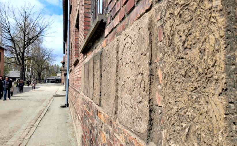 Plaster samples on the wall of Block 14 made by the prisoner from the Maurerschule (masonry school) at Auschwitz I.