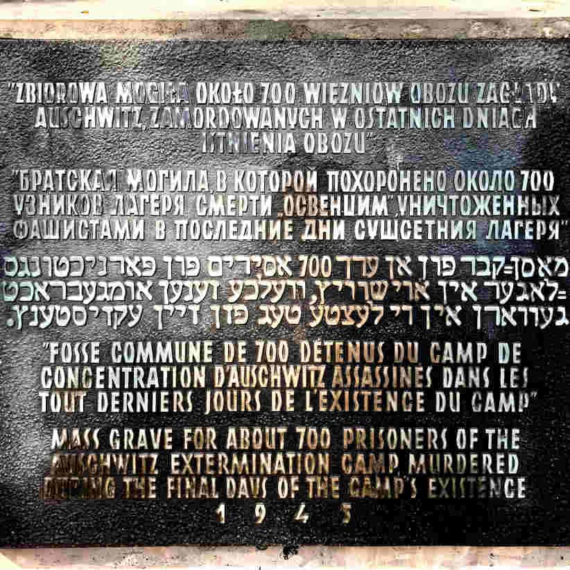 An info board with info in different languages at the Grave Of The Last Victims Of Auschwitz.