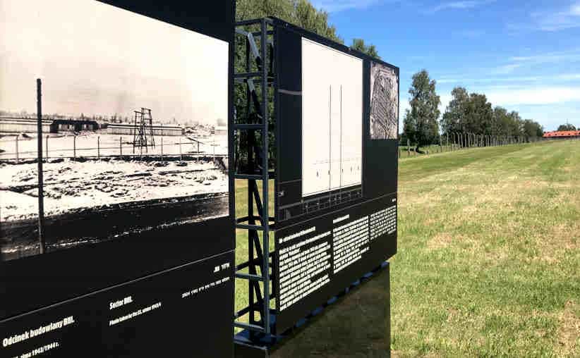 The boards with photos and information on the BIII sector at Auschwitz-II-Birkenau.