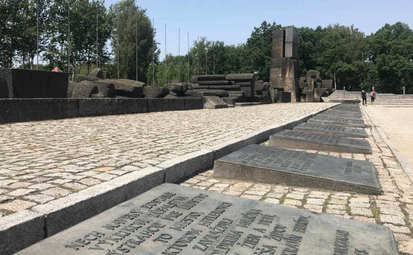 Post-communist memorial to Auschwitz victims at the end of the ramp at Auschwitz-II-Birkenau.