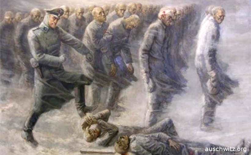 "Rollcall at Auschwitz" a painting made by a survivor Wincenty Gawron