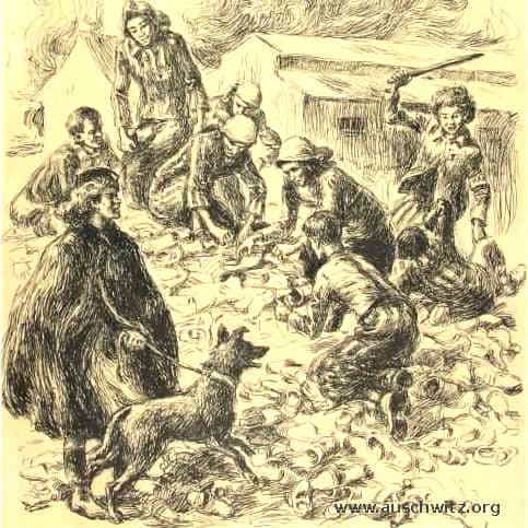 "Work – sorting out shoes" by Mieczysław Kościelniak, an Auschwitz survivor. Source: auschwitz.org