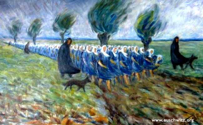 "On the way to work" painting made by Auschwitz survivor Janina Tollik. Source: auschwitz.org