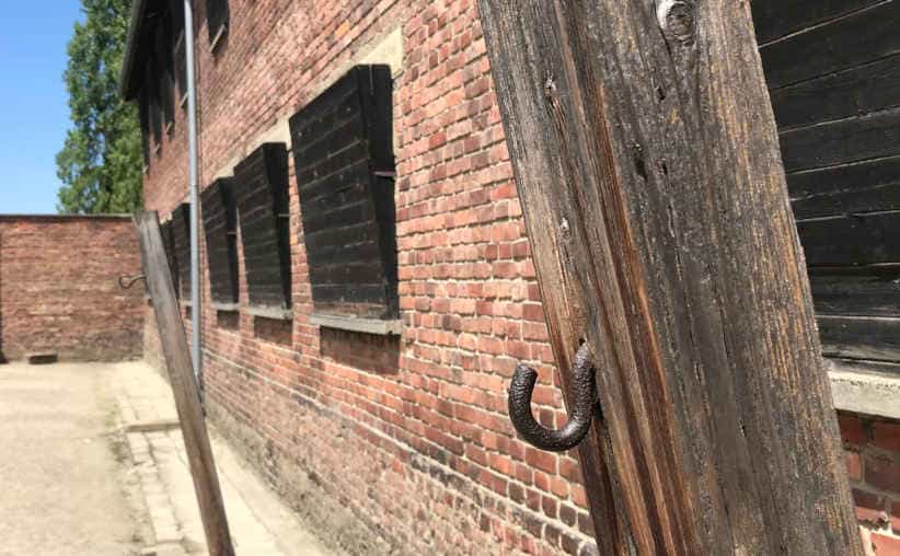 Hooks for tortures at the yard between Blocks 10 and 11 at Auschwitz I Main Camp.