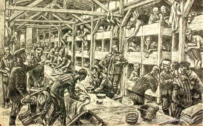 "Inside of a male barrack in Birkenau" by Mieczysław Kościelniak, Auschwitz survivor. Source: auschwitz.org