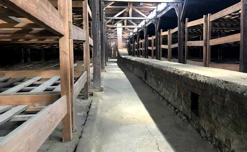 Inside of a wooden barrack at Auschwitz-II-Birkenau camp, sector BIIa.