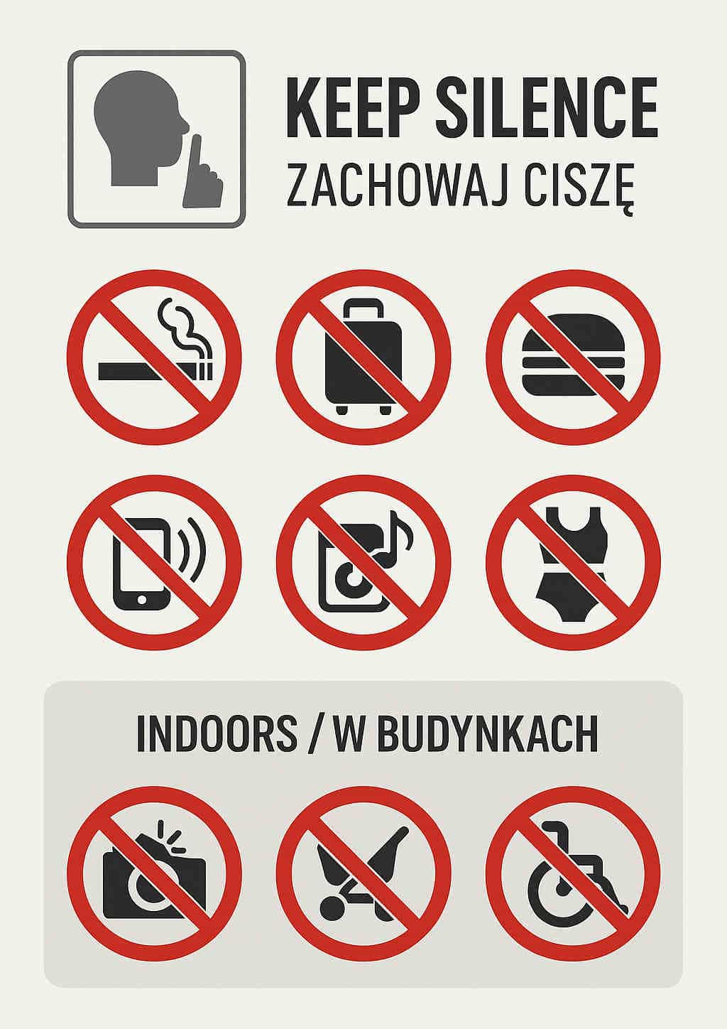 Prohibited activities during Auschwitz tours are shown as icons behind red crossed circles.