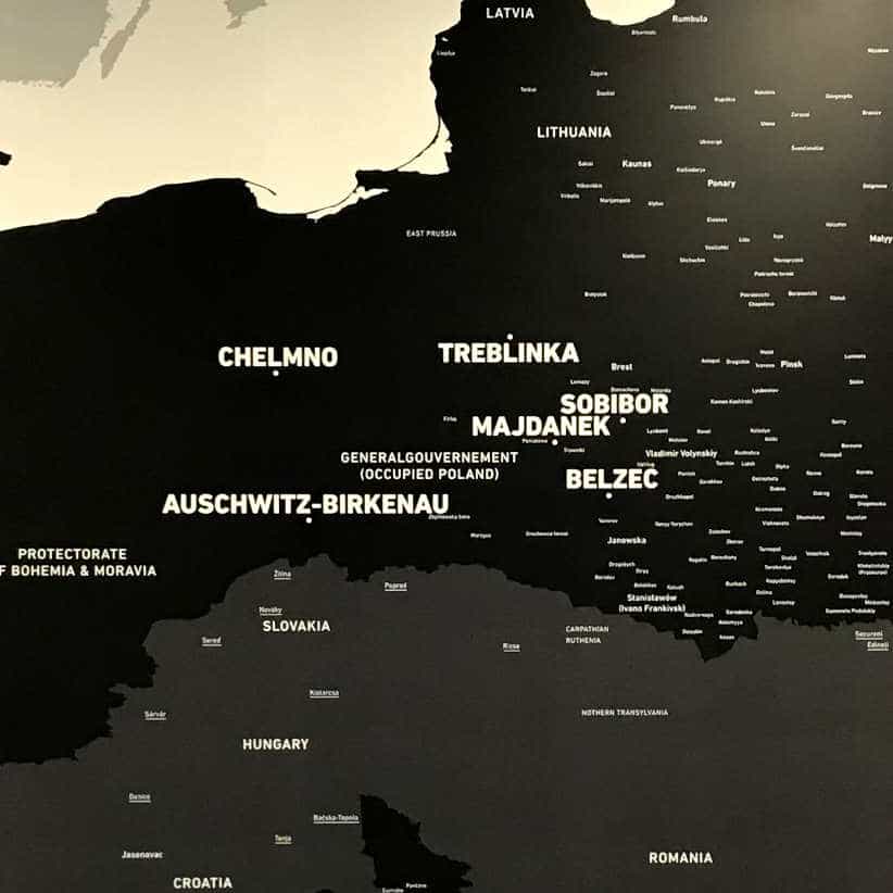 Map with mass murder sites and the centers of extermination of Jews in Block 27 at Auschwitz I Main Camp.
