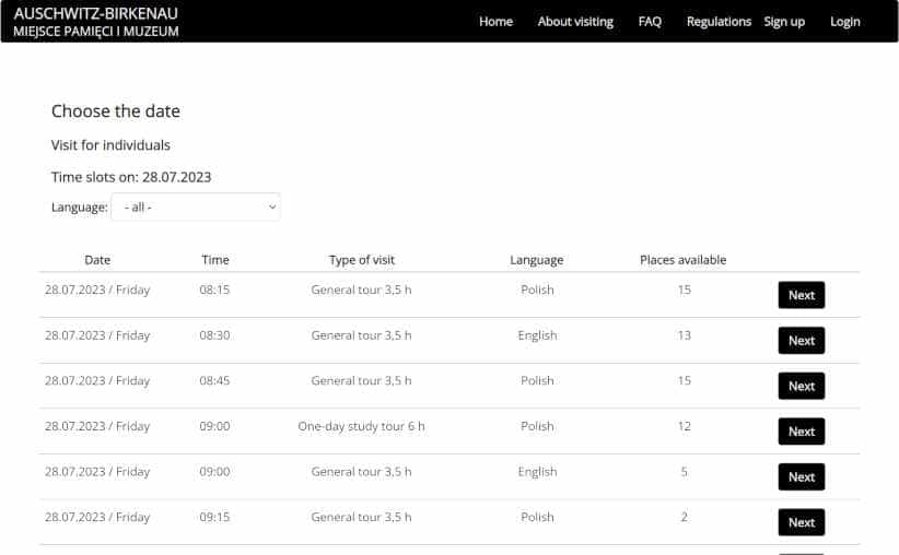 Official Auschwitz reservation system screen